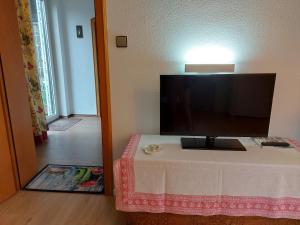 a room with a table with a tv on it at Ferienwohnung Grünwald in Grünwald