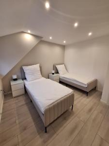 a bedroom with two beds and two night stands at Ferienhaus Aycu in Bremen