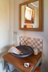 a bathroom with a sink and a mirror on a table at Graine de Tilia in Saint-Antoine