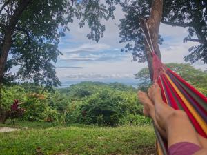 una persona tendida en una hamaca con vistas en Finca Colibri écolodges en nature Costa Rica, en Cabo Blanco