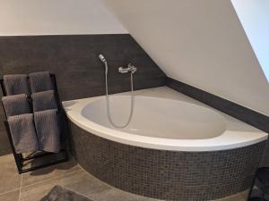 a bath tub with a shower in a bathroom at Ferienhaus Aycu in Bremen