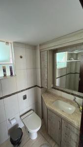 a bathroom with a toilet and a sink and a mirror at Ap Central c/ Garagem in Ponta Grossa