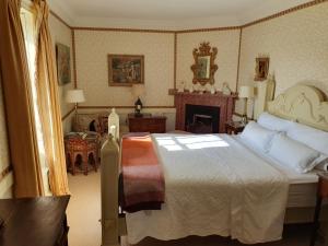 ein Schlafzimmer mit einem großen Bett und einem Kamin in der Unterkunft Summergrove House in Mountmellick