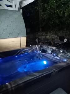 a jacuzzi tub with blue lighting in a backyard at Côté Jardin, Spa privatif 