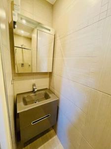 a small bathroom with a sink and a mirror at Charmante petite maison magnifique vue mer in Propriano