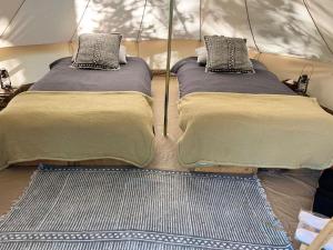 two beds in a tent in a room at Hotel Oxú Solo adultos in Valle de Bravo