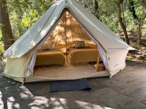 a tent with two beds in it on a deck at Hotel Oxú Solo adultos in Valle de Bravo