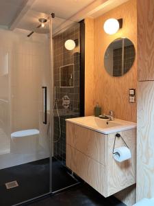 a bathroom with a sink and a shower at Bayda's Tiny House in Sprimont