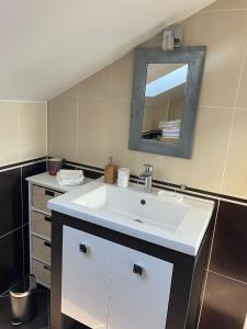 uma casa de banho com um lavatório branco e um espelho. em Gîte Rose des Vignes em Voegtlinshoffen