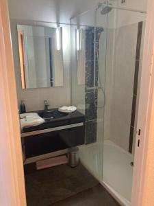 uma casa de banho com uma cabina de duche em vidro e um lavatório. em Appartement 41m2 wifi, climatisé : La Grande Motte em La Grande-Motte