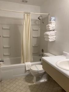 W łazience znajduje się toaleta, wanna i umywalka. w obiekcie Travelodge by Wyndham Canyonville w mieście Canyonville