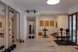un gimnasio con pesas y equipos de ejercicio en una habitación en Casa Prasoul Villa with Heated Pool & Fitness area, en Prasiaí