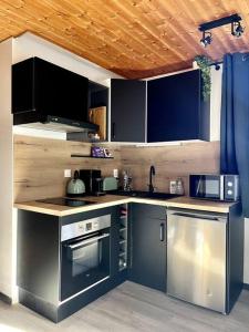 cocina pequeña con armarios azules y fogones en Appartement neuf à 400 m des remontées avec Sauna, en La Chapelle-dʼAbondance