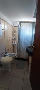 uma casa de banho com um WC e um chuveiro em Cabaña en El Pinar em El Pinar