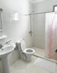 a white bathroom with a toilet and a shower at Hotel Mauritania in Tangier