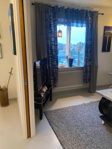 een kamer met een raam met blauwe gordijnen en een televisie bij Lektorn in Nässjö