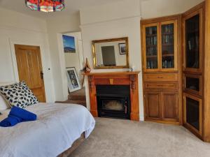 - une chambre avec un lit et une cheminée avec un miroir dans l'établissement Lords Rest Apartment - Private and Central with Free Parking and Great WIFI, à Hobart