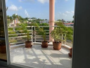 a balcony with potted plants on a balcony at Le Tamarinier in Sainte-Anne