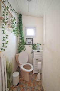 a bathroom with a toilet and plants on the wall at Chambre 3, calme, 1 station de PARIS in Maisons-Alfort