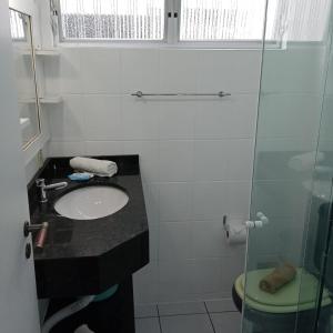 y baño con lavabo y ducha acristalada. en Residencial Larissa Elena, en Florianópolis