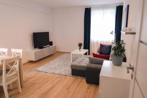 ein Wohnzimmer mit einem Sofa und einem TV in der Unterkunft Apartment Schober in Jáchymov