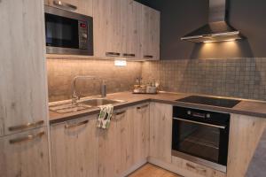 a kitchen with wooden cabinets and a sink and a stove at Apartment Schober - Rezidence K Lanovce in Jáchymov