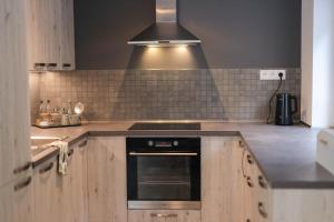a kitchen with a sink and a stove top oven at Apartment Schober - Rezidence K Lanovce in Jáchymov