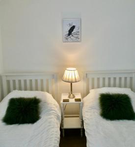 a bedroom with two beds with green pillows and a lamp at Fern Villa in Conwy