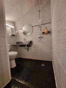 a bathroom with a white toilet and a sink at Chez Sam in Saint-Laurent-de-la-Salanque