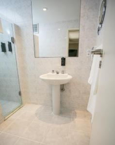 y baño con lavabo, espejo y ducha. en Regency Park Hotel - SOFT OPENING, en Río de Janeiro