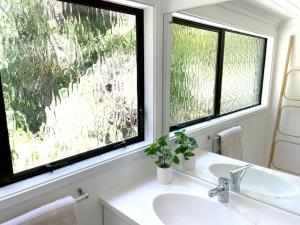 baño con lavabo y 2 ventanas en Huatoki Hideaway Peaceful Central Location en New Plymouth