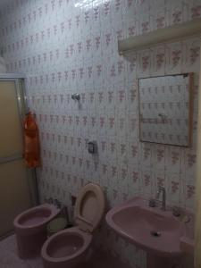 uma casa de banho com um WC cor-de-rosa e um lavatório. em Alexandre Mayer em Peruíbe
