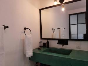 a bathroom with a green sink and a mirror at El Andador House Downtown with Free Parking And Aire AC in San Miguel de Allende