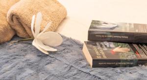 tres libros sentados en una cama al lado de un animal de peluche en Apartamento Baztangoa II, en Elizondo