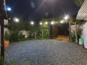 a yard lit up at night with lights at La cabaña M in Pereira