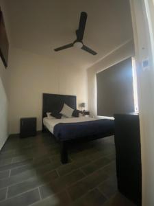 - une chambre avec un lit et un ventilateur de plafond dans l'établissement Departamento Ecoface Vallarta, à Puerto Vallarta