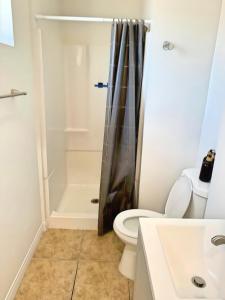 a bathroom with a toilet and a shower at Villa de Las Vegas in Los Angeles