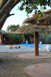 a straw umbrella sitting next to a swimming pool at Sítio Mandacaru na Chapada Diamantina in Seabra