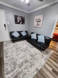 Blue Shark *G15* @ Montrose Private 1BR King Apartment في هيوستن: غرفة معيشة مع أريكة سوداء وسجادة