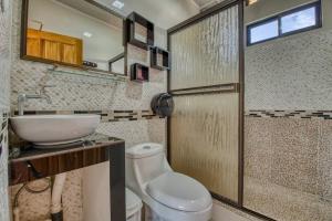 a bathroom with a toilet and a sink and a mirror at Oso Perezoso Pool Villa in Puerto Viejo