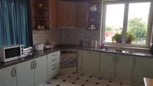 a kitchen with white cabinets and a microwave and a window at Vila Zorii Zilei in Baile Felix