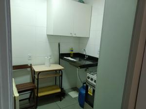 a small kitchen with a sink and a stove at Apartamento vista praça estação Centro BH in Belo Horizonte
