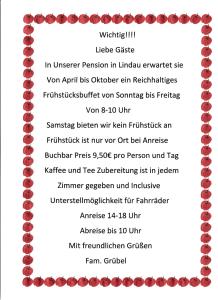 a menu for a restaurant with red beads at Pension Grübel in Lindau