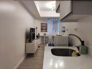 uma cozinha com um lavatório e uma bancada em Big Balcony - Relaxing Condo in San Fernando em San Fernando