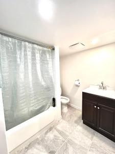 a bathroom with a shower and a toilet and a sink at Aubin Paradise Housing in Windsor