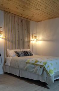 a bedroom with a bed with two lights on it at Departamento Concepción Tomé Cocholgüe in Tomé