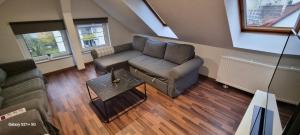 a living room with a couch and a table at 7-24 Self-Check-In - 120qm - 5 rooms - 2 bathrooms - kitchen - free parking - Yihapartment in Hannover