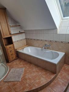 a bathroom with a bath tub with a window at Apartment am Stadtrand zu Graz 
