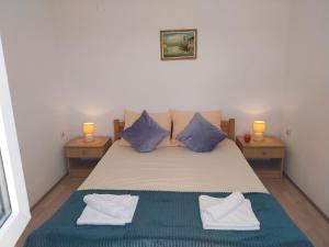 a bedroom with a bed with blue pillows and two lamps at Apartment Ante K A1 in Metajna +80 photos