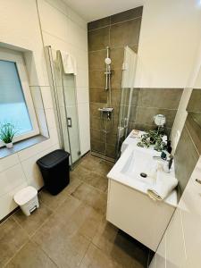 La salle de bains est pourvue d'un lavabo et d'une douche. dans l'établissement FeWo Esche mit Balkon, à Bad Harzburg
